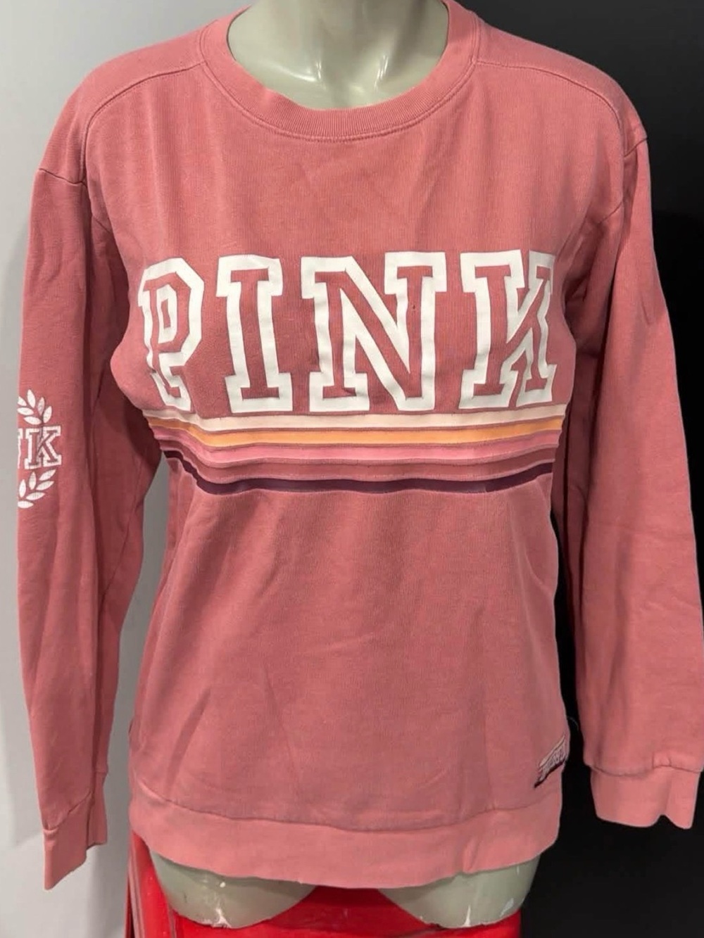 PINK Victoria's Secret Dusty Rose Crewneck Sweater with Multi-Stripe Logo